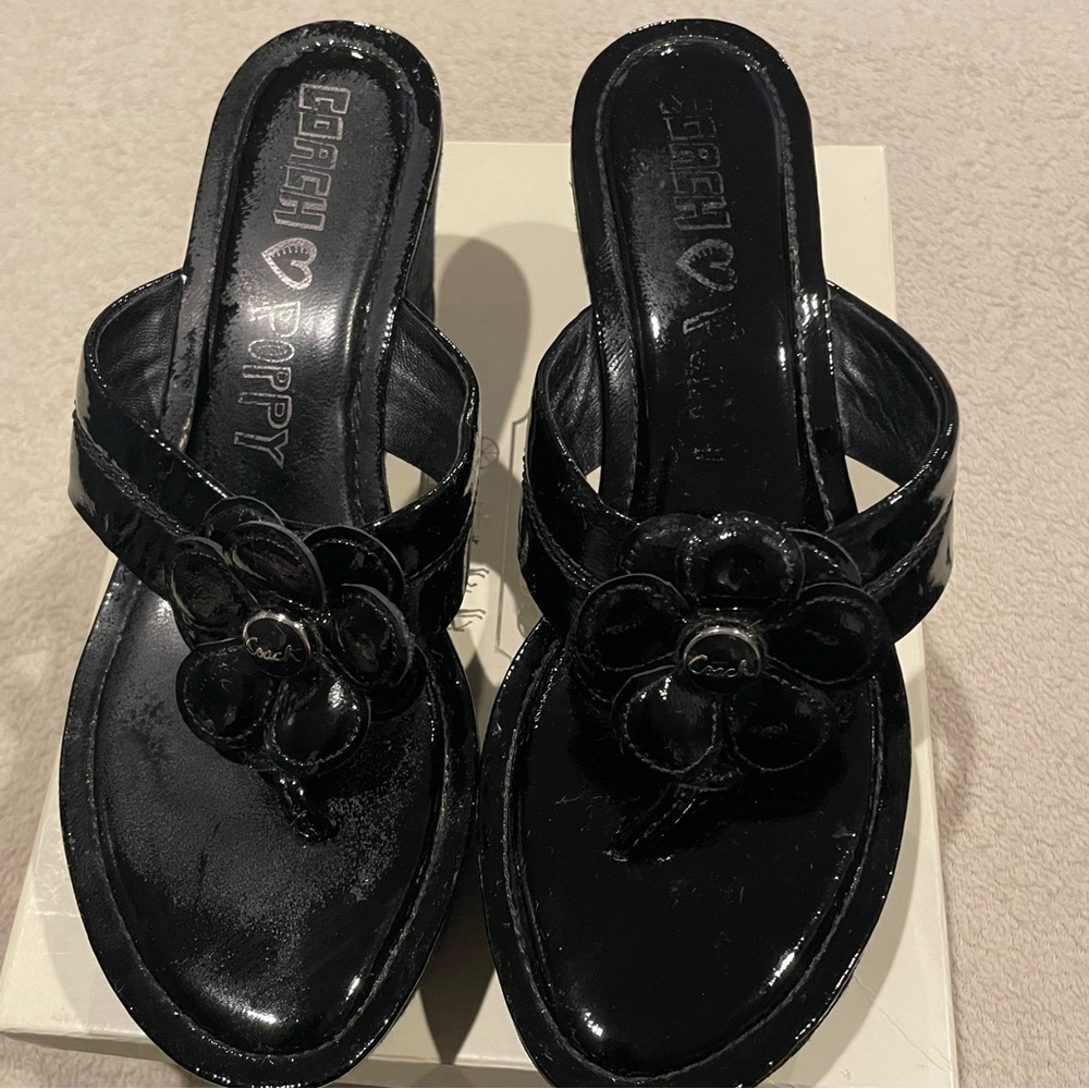 Slightly used COACH Poppy Sandals HARLEY Flower Black Patent Leather Wedge.
